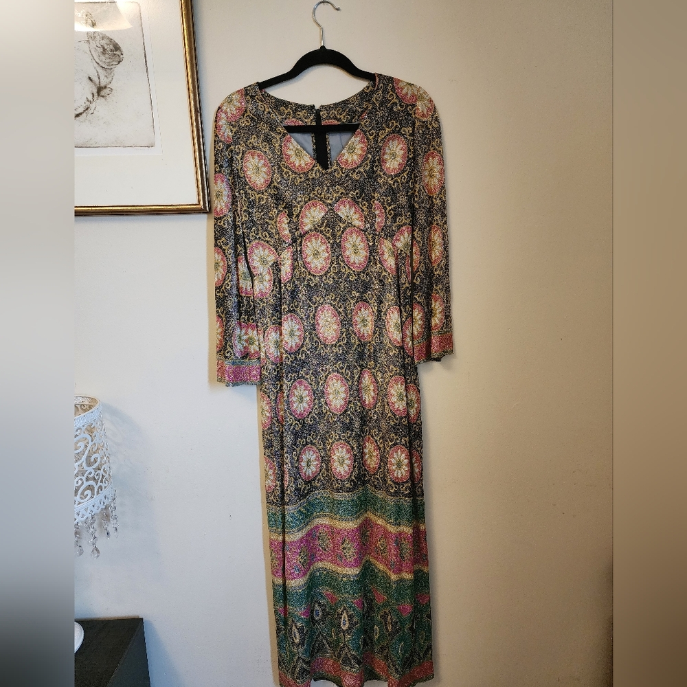 Small medium 60s lurex hostess dress vintage sparkle glitter maxi hippie boho